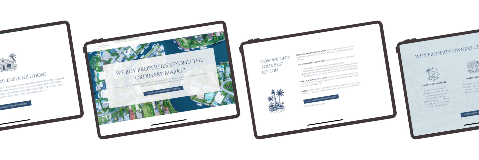 Grace and Bell website design showing custom illustrations and real estate imagery Grace and Bell responsive website on mobile and desktop devices