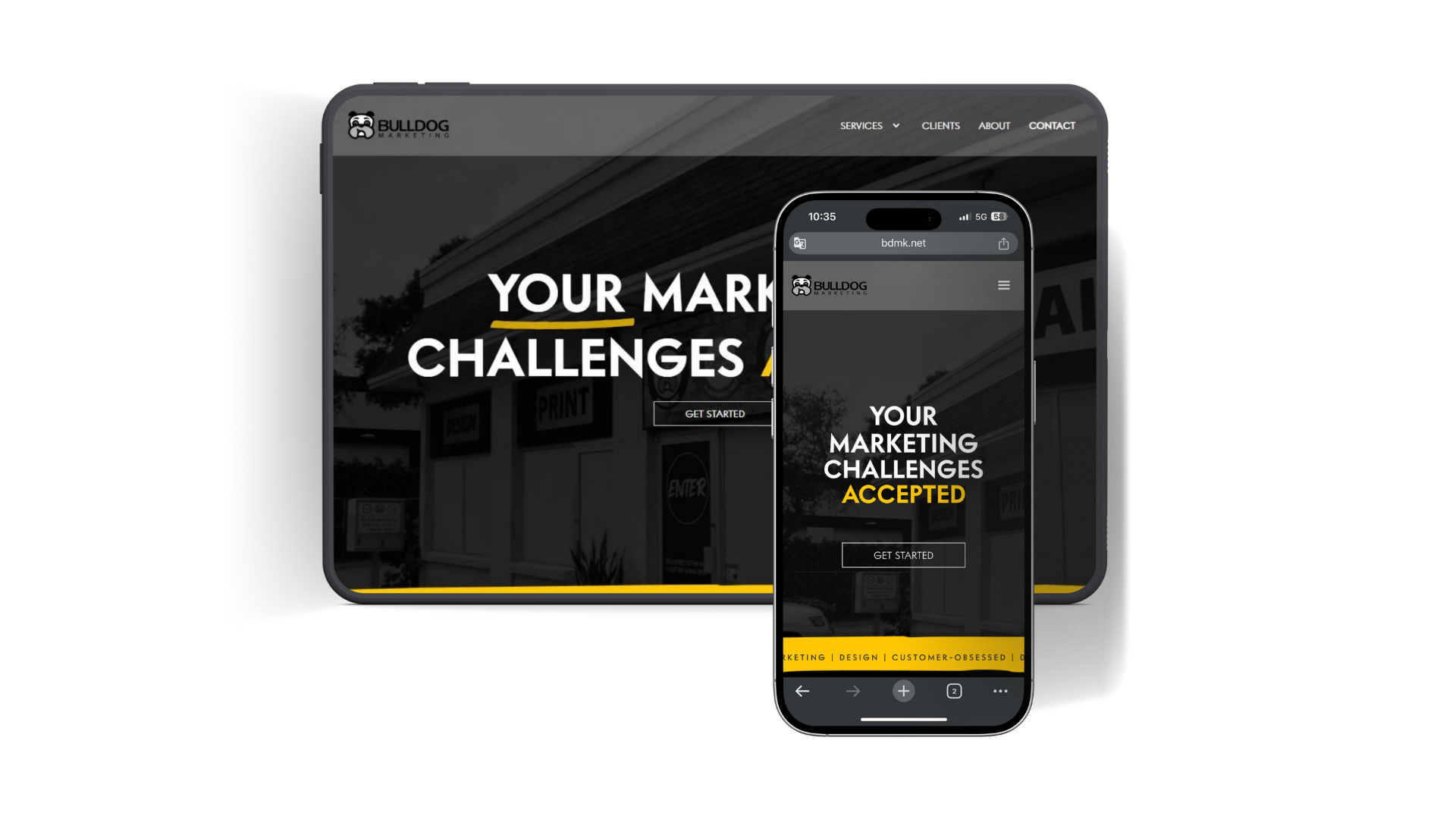 Bulldog Marketing website design featuring custom animations and parallax effects